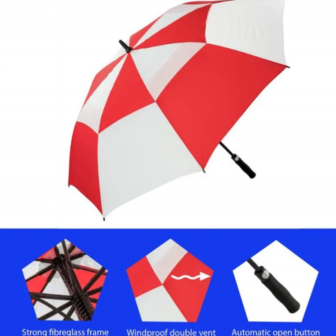 Premium Red & White Golf Umbrella – Vented – Windproof – Auto-Open